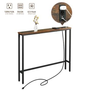 ELYKEN 2 Pack 5.9" Narrow Console Sofa Table with Power Outlets, 5.9" Dx39.4 Wx31.1 H Long Couch Table with Metal Frame and Charge Station with 6.5’ Extension Cord, Rustic Brown