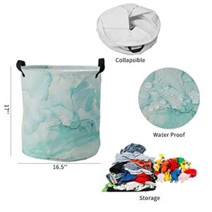 Marble Aqua Large Laundry Basket, Collapsible Bag with Easy Carry Handles, Ombre Painting Abstract Golden Line Waterproof Foldable Freestanding Hamper, Folding Washing Bin Clothes Storage Round