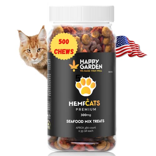 HAPPY GARDEN Cat Calming Treats for Anxiety Relief with Hemp - New Shape Calming Treats for Cats with Aggression Grooming and Travel Anxiety - Calming Chews for Cats are Made in USA