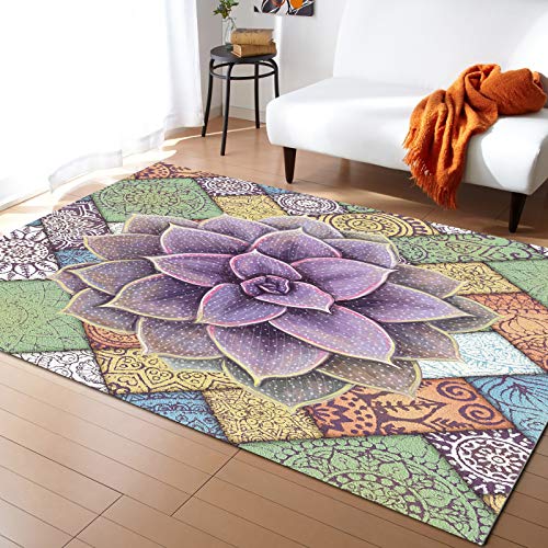 Mandala Pattern Backdrop Purple Succulent Pot Plant Area Rug 2'7"x5',Outdoor Indoor Small Carpet Runner for Kids Teen Girls Boys Bedroom,Living Room,Bathroom,Classroom,Office,Kitchen,Washable Area+Rug