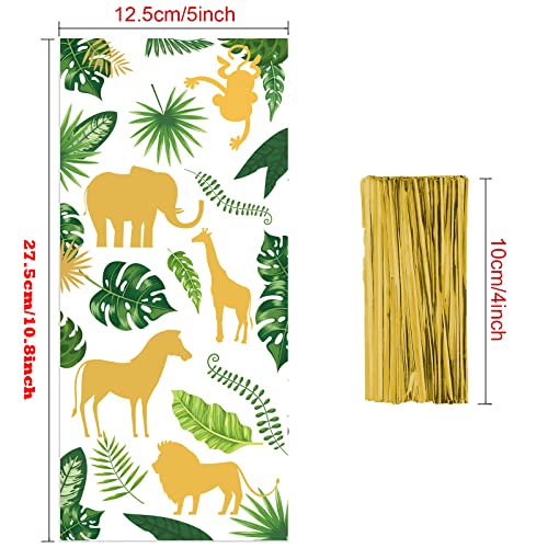 UEMIS 60Pack Jungle Animal Cellophane Treat Bags, Green Gold Safari Animal Palm Leaves Plastic Candy Goodie Bags with Gold Twist Ties for Wedding Wild One Safari Baby Shower Birthday Party Favors (Jungle Animals)