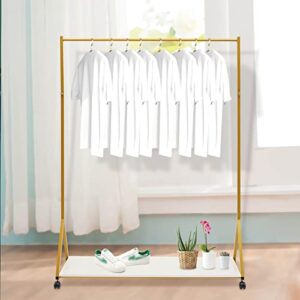 metal gold clothing rack with shelves and universal wheel,freestanding clothing rack for hanging clothes rack,heavy duty rolling garment rack retail display for wedding dress bridal garment rack stand