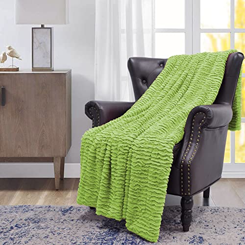 BYTIDE Cloud Striped Oversized Faux Fur Plush Throw Blankets with Rippled/Pleated Design, Super Soft Warm Cozy Fluffy Fuzzy Luxury Throw for Couch Sofa Chair Bed Cover, 60 x 70 in, Lime Green