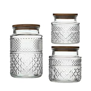 livejun glass storage jars vintage embossed canisters food cereal storage containers with bamboo lid, decorative jars for kitchen counter,pantry,set 3-piece glass jars in 60 oz/40 oz/20 oz (round)