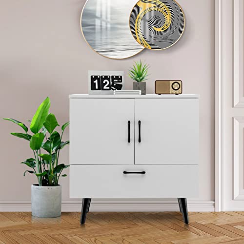 Giantex Storage Cabinet Buffet Sideboard, Accent Cabinet with Doors, Pull-Out Drawer, Freestanding Bathroom Floor Cabinet, Cupboard for Living Room, Entryway Dining Room Bar Cabinet (White)