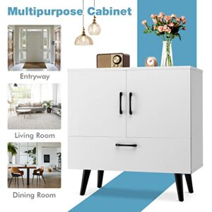 Giantex Storage Cabinet Buffet Sideboard, Accent Cabinet with Doors, Pull-Out Drawer, Freestanding Bathroom Floor Cabinet, Cupboard for Living Room, Entryway Dining Room Bar Cabinet (White)