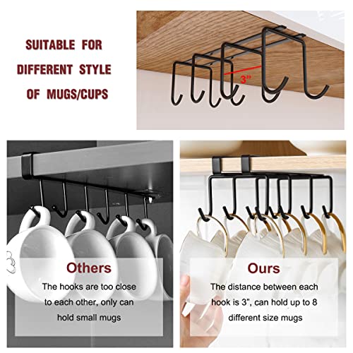 Coffee Mug Holder Under Cabinet - 9 Hooks Cup Organizer for 1.18" Thickness Cabinet Hanging Mug Rack Tea Cup and Utensil Hooks Drilling Free Mug Hanger Under Shelf, Black