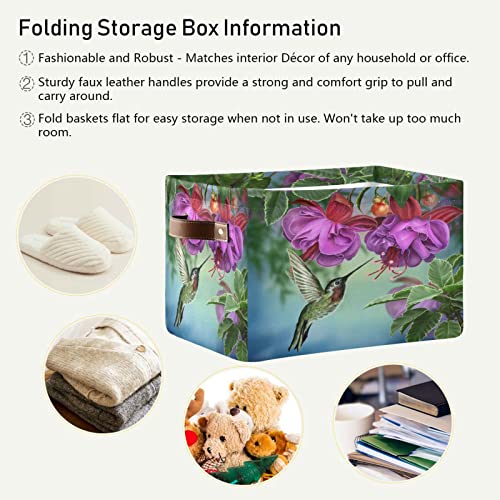 xigua Fuchsia Flowers Hummingbird Foldable Storage Bin, Collapsible Sturdy Fabric Storage Basket Cube W/Handles, Storage Box for Organizing Toys Nursery Shelf Closet Bedroom Office 1PCS