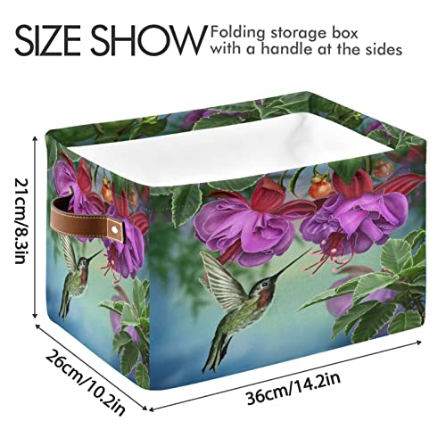 xigua Fuchsia Flowers Hummingbird Foldable Storage Bin, Collapsible Sturdy Fabric Storage Basket Cube W/Handles, Storage Box for Organizing Toys Nursery Shelf Closet Bedroom Office 1PCS