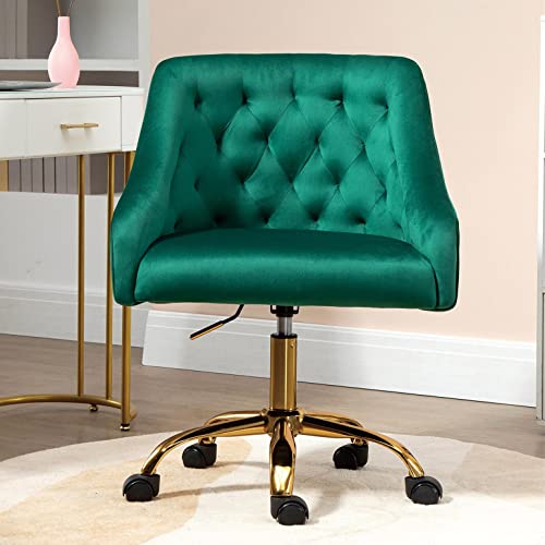 SSLine Modern Cute Desk Chair Home Office Mid-Back Computer Chair on Wheels Elegant Velvet Fabric Task Chair Living Room Upholstery Swivel Chair Vanity Chairs for Girls Women (V Type-Green&Gold)