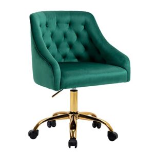 SSLine Modern Cute Desk Chair Home Office Mid-Back Computer Chair on Wheels Elegant Velvet Fabric Task Chair Living Room Upholstery Swivel Chair Vanity Chairs for Girls Women (V Type-Green&Gold)