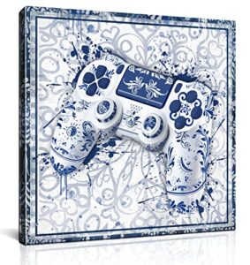 zhaoshop gaming decor for boys room - blue and white canvas wall art for bedroom - gamer wall decor ready to hang 14" x 14"