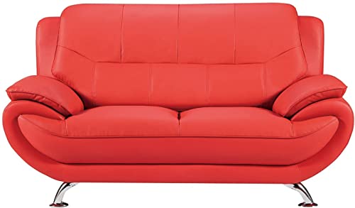 American Eagle Furniture Highland Mid Century Modern Leather Upholstered Living Room Loveseat, Red