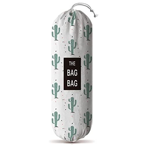 DINGWEN Cactus Pattern Grocery Bag Storage Holder, Wall Mount Free Adjustment with Drawstring, Washable Canvas Plastic Bag Organizer, Grocery Bag Storage Dispenser ​for Home Kitchen, 23x9 inch