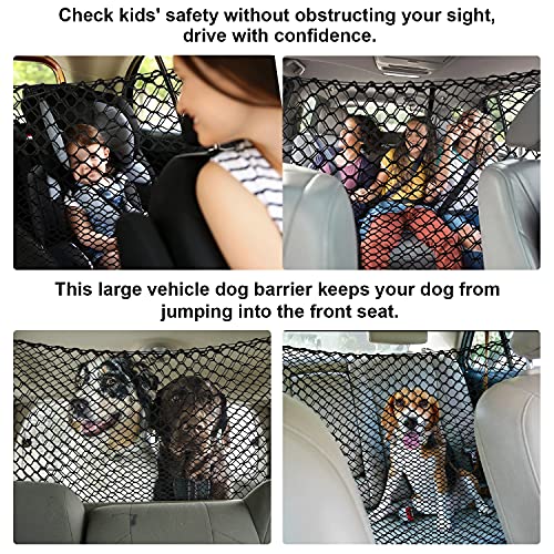 Dog Car Barrier SUV Pet Net + Free Metal Hooks, Dual Layer Pet Travel Safety Barrier Net, Easy to Install and Remove, Adjustable Car Dog Divider for Trucks, SUV, Vans, Car Net Organizer Storage Bag