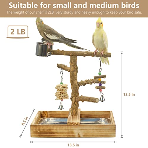 LIMIO Natural Wood Bird Toys Playground, Bird Cage Accessories, Bird Perches, with Removable Tray and 2 Stainless Steel Cups