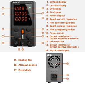 Eventek DC Power Supply Variable, 120V 3A Adjustable Switching Regulated DC Bench Linear Power Supply with 4-Digits LED Power Display 5V2A USB Output, Alligator Leads US Power Cord for Laboratory