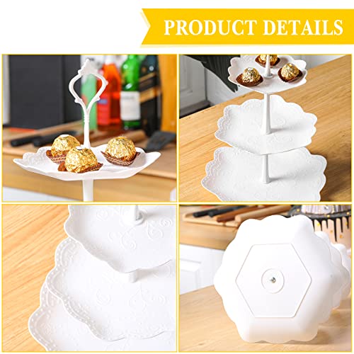 Potchen 8 Sets 3 Tier Cupcake Stand Plastic Tiered Serving Tray Round Flower Square Hexagonal White Dessert Table Display Set Candy Tower Pastry Holder for Party Wedding