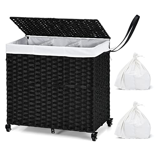 GOFLAME Laundry Hamper with Lid and Wheels, Hand Woven Rattan Clothes Hamper with 125L Large 3 Divided Sections and 2 Removable and Washable Liner Bags, Dirty Clothes Hamper Storage with Handles