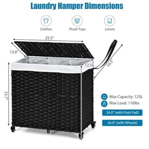 GOFLAME Laundry Hamper with Lid and Wheels, Hand Woven Rattan Clothes Hamper with 125L Large 3 Divided Sections and 2 Removable and Washable Liner Bags, Dirty Clothes Hamper Storage with Handles