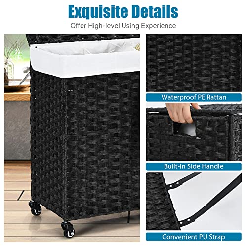 GOFLAME Laundry Hamper with Lid and Wheels, Hand Woven Rattan Clothes Hamper with 125L Large 3 Divided Sections and 2 Removable and Washable Liner Bags, Dirty Clothes Hamper Storage with Handles