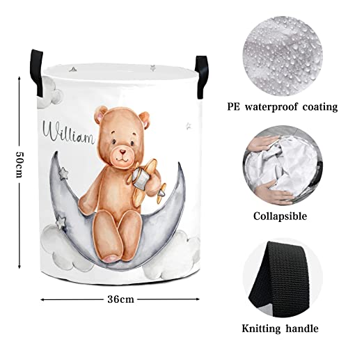 NZOOHY Teddy Bear Sits on Moon Personalized Waterproof Foldable Laundry Basket Bag with Handle, Custom Collapsible Clothes Hamper Storage Bin for Toys Laundry Dorm Travel Bathroom