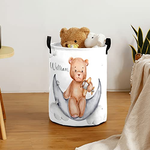 NZOOHY Teddy Bear Sits on Moon Personalized Waterproof Foldable Laundry Basket Bag with Handle, Custom Collapsible Clothes Hamper Storage Bin for Toys Laundry Dorm Travel Bathroom