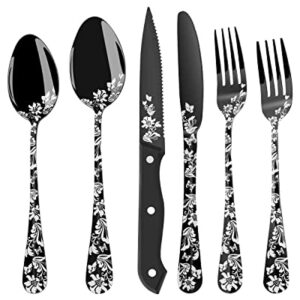 MOVNO 24-Piece Black Silverware Set, Food-Grade Stainless Steel Black Flatware Cutlery Set Service for 4, Durable Metal Tableware Utensils Set with Fork Spoon Knife, Mirror Polished