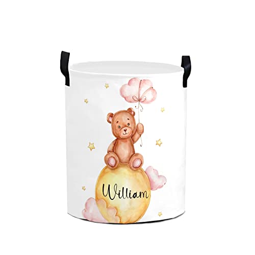 Teddy Bear Yellow Moon Cloud Personalized Waterproof Foldable Laundry Basket Bag with Handle, Custom Collapsible Clothes Hamper Storage Bin for Toys Laundry Dorm Travel Bathroom