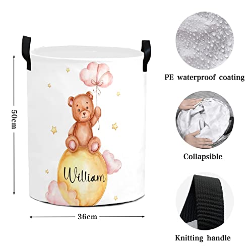 Teddy Bear Yellow Moon Cloud Personalized Waterproof Foldable Laundry Basket Bag with Handle, Custom Collapsible Clothes Hamper Storage Bin for Toys Laundry Dorm Travel Bathroom