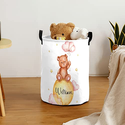 Teddy Bear Yellow Moon Cloud Personalized Waterproof Foldable Laundry Basket Bag with Handle, Custom Collapsible Clothes Hamper Storage Bin for Toys Laundry Dorm Travel Bathroom