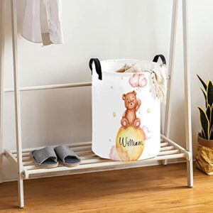 Teddy Bear Yellow Moon Cloud Personalized Waterproof Foldable Laundry Basket Bag with Handle, Custom Collapsible Clothes Hamper Storage Bin for Toys Laundry Dorm Travel Bathroom