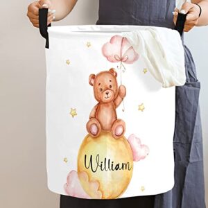 Teddy Bear Yellow Moon Cloud Personalized Waterproof Foldable Laundry Basket Bag with Handle, Custom Collapsible Clothes Hamper Storage Bin for Toys Laundry Dorm Travel Bathroom