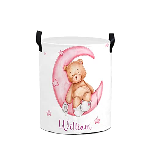 Cute Teddy Bear Pink Moon Personalized Waterproof Foldable Laundry Basket Bag with Handle, Custom Collapsible Clothes Hamper Storage Bin for Toys Laundry Dorm Travel Bathroom