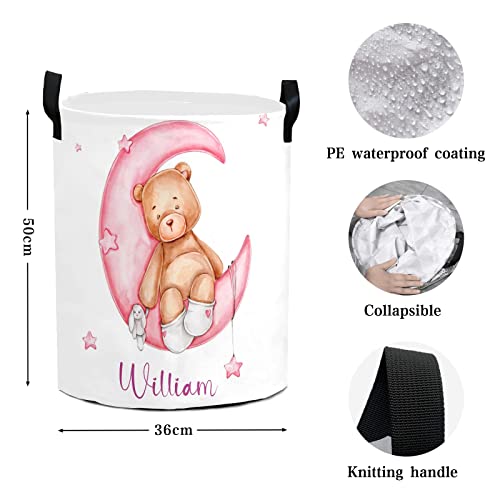 Cute Teddy Bear Pink Moon Personalized Waterproof Foldable Laundry Basket Bag with Handle, Custom Collapsible Clothes Hamper Storage Bin for Toys Laundry Dorm Travel Bathroom