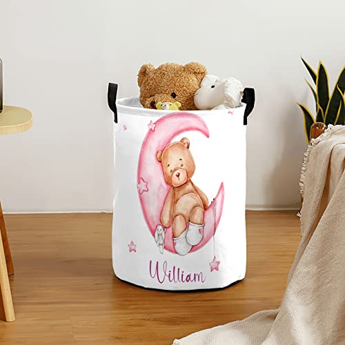 Cute Teddy Bear Pink Moon Personalized Waterproof Foldable Laundry Basket Bag with Handle, Custom Collapsible Clothes Hamper Storage Bin for Toys Laundry Dorm Travel Bathroom