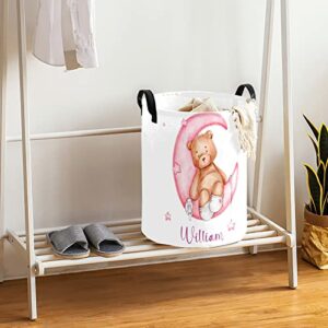 Cute Teddy Bear Pink Moon Personalized Waterproof Foldable Laundry Basket Bag with Handle, Custom Collapsible Clothes Hamper Storage Bin for Toys Laundry Dorm Travel Bathroom