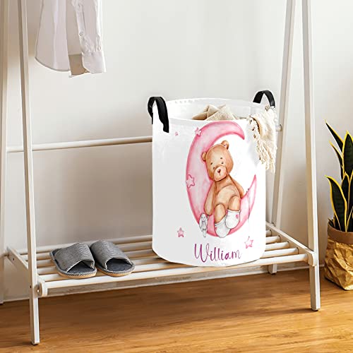 Cute Teddy Bear Pink Moon Personalized Waterproof Foldable Laundry Basket Bag with Handle, Custom Collapsible Clothes Hamper Storage Bin for Toys Laundry Dorm Travel Bathroom