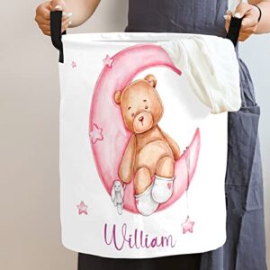 Cute Teddy Bear Pink Moon Personalized Waterproof Foldable Laundry Basket Bag with Handle, Custom Collapsible Clothes Hamper Storage Bin for Toys Laundry Dorm Travel Bathroom