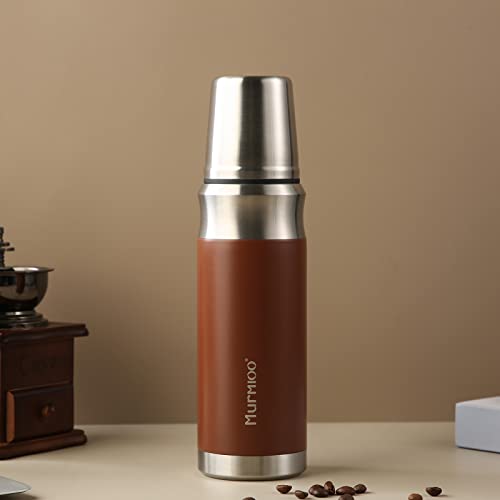 Murmioo travel vacuum flask，stainless steel insulated bottle, built-in cap cup, cold for 24 hours, heat for 12 hours, BPA Free leak proof, sweat free 17oz/500ml Brown