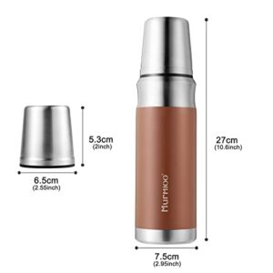 Murmioo travel vacuum flask，stainless steel insulated bottle, built-in cap cup, cold for 24 hours, heat for 12 hours, BPA Free leak proof, sweat free 17oz/500ml Brown