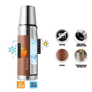 Murmioo travel vacuum flask，stainless steel insulated bottle, built-in cap cup, cold for 24 hours, heat for 12 hours, BPA Free leak proof, sweat free 17oz/500ml Brown