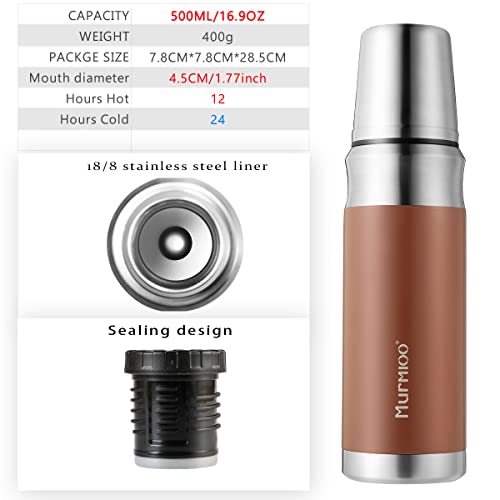 Murmioo travel vacuum flask，stainless steel insulated bottle, built-in cap cup, cold for 24 hours, heat for 12 hours, BPA Free leak proof, sweat free 17oz/500ml Brown