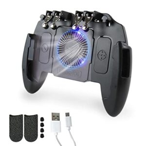 mobile game controller with cooling fan/phone holder/finger sleeves for pubg/fortnite/call of duty, l1r1 mobile triggers for 4.7”-6.5” ios/android phones