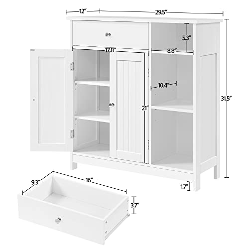 Yaheetech Bathroom Floor Cabinet, Kitchen Freestanding Storage Organizer, Large Side Cabinet with Doors, Drawer & Adjustable Shelves for Living Room, Entryway, 12" D x 29.5" W x 31.5" H, White