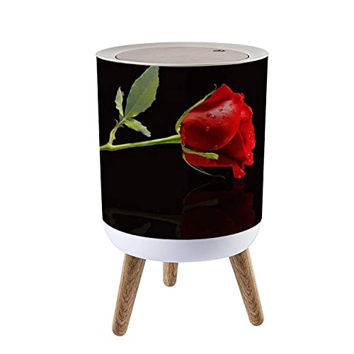 OJNR36WKPD Small Trash Can with Lid Red Rose a Black Round Garbage Can Press Cover Wastebasket Wood Waste Bin for Bathroom Kitchen Office 7L/1.8 Gallon