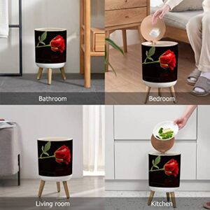 OJNR36WKPD Small Trash Can with Lid Red Rose a Black Round Garbage Can Press Cover Wastebasket Wood Waste Bin for Bathroom Kitchen Office 7L/1.8 Gallon