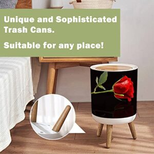 OJNR36WKPD Small Trash Can with Lid Red Rose a Black Round Garbage Can Press Cover Wastebasket Wood Waste Bin for Bathroom Kitchen Office 7L/1.8 Gallon