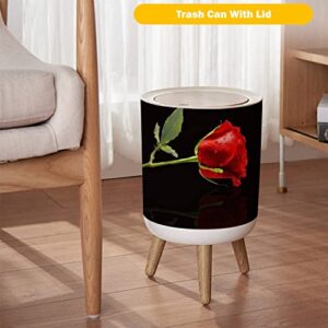 OJNR36WKPD Small Trash Can with Lid Red Rose a Black Round Garbage Can Press Cover Wastebasket Wood Waste Bin for Bathroom Kitchen Office 7L/1.8 Gallon
