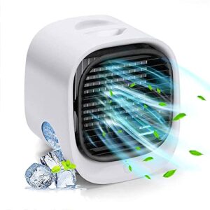 moguu portable air conditioner, evaporative cooler fan, 3 wind speed & 7 led light, usb powered personal with 300ml water tank for home, bedroom, office, dorm, car, camping tent, white